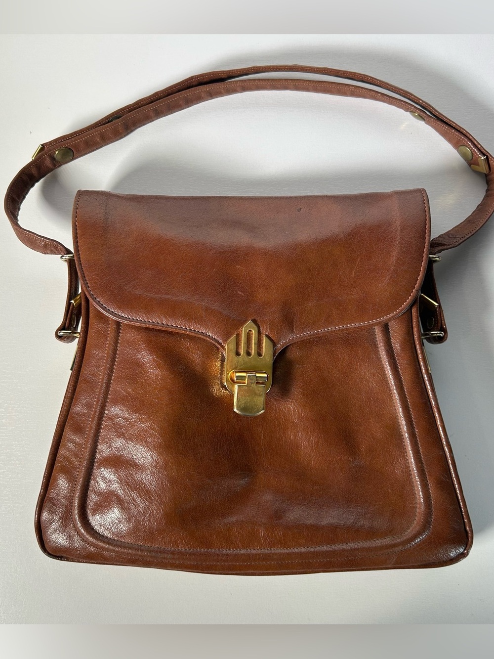 Vintage Zenith Hand Made Leather Accordion Shoulder Bag Snap Strap Brown 60s